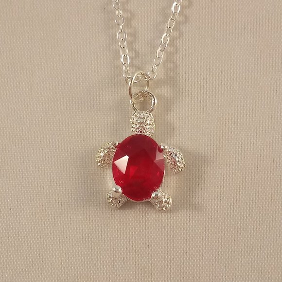 Silver Ruby Red Diamond Zircon Beaded Sea Turtle Pendant Necklace 2.54ctw 17" - Picture 4 of 5